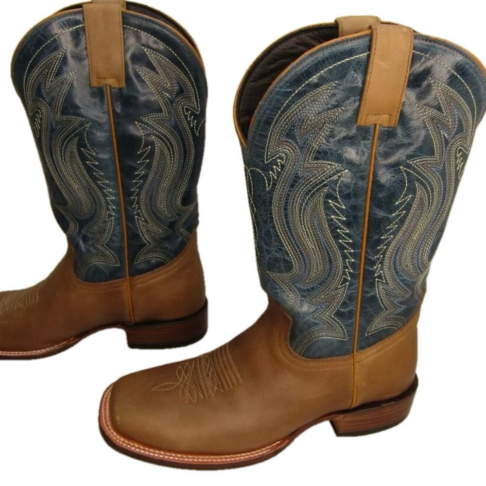 NEW JB DILLON Womens Caramel Blue Cowboy Boots Pull-On Square Toe 11" Size 9.5